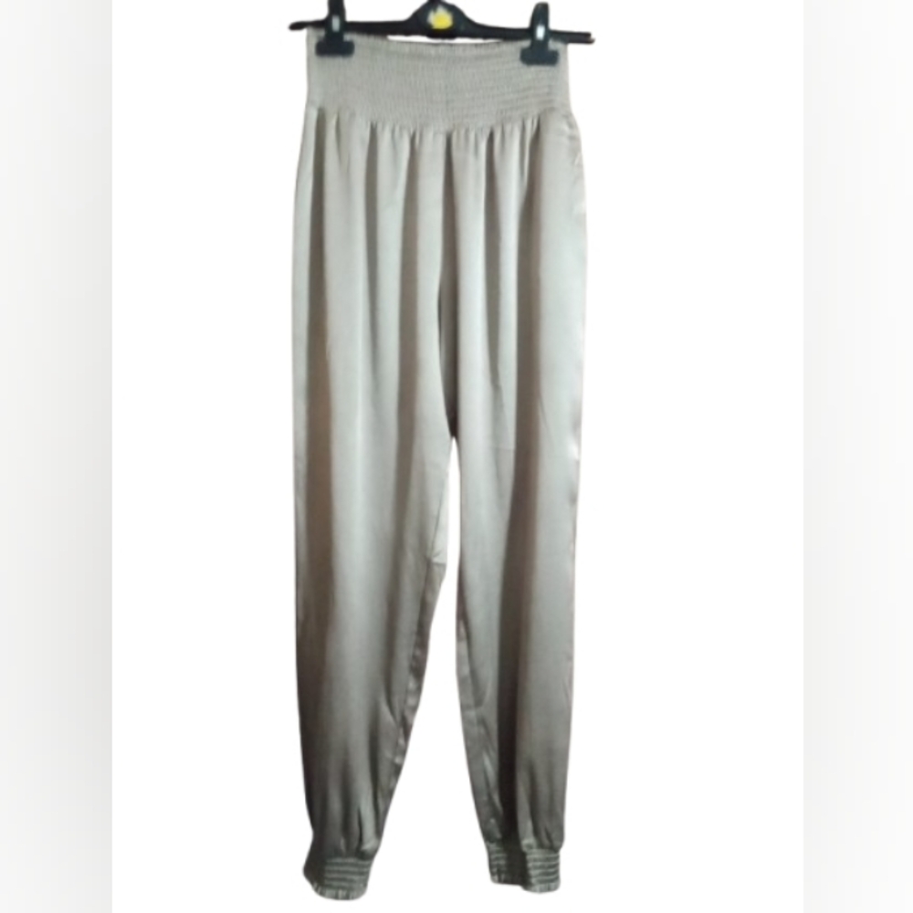 Bebe High-Waisted Smocked Satin Joggers - Taupe